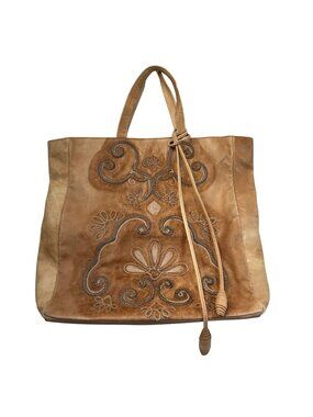 Genten Leather Cerchi Tote Bag Embroidered Boho Made In Italy Distressed Tan